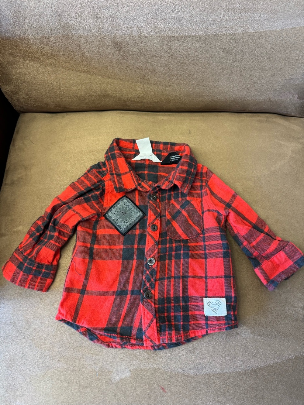 Baby Boy Button Up Red Black Plaid Shirt Size 6 months Superman logo